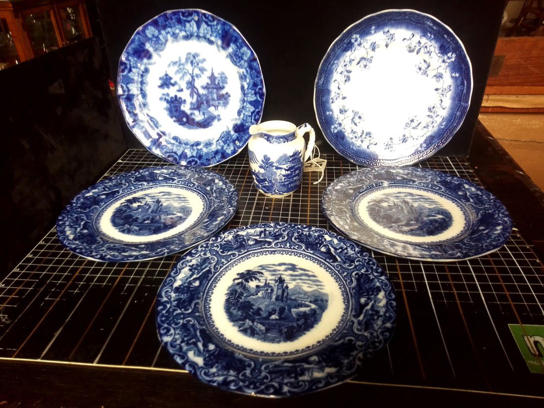 6 piece Flow Blue china- Staffordshire Prussia Scinde and Wedgewood (1 of 6)
