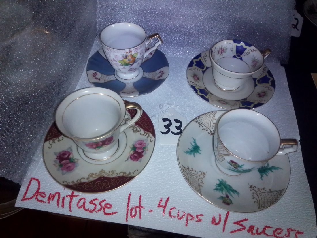 China lot-four hand-painted demitasse cups and sauces: China lot-four hand-painted demitasse cups and sauces.These are various sizes and shapes along with different makers. Please do not hesitate to ask any questions or ask for any detailed photos.