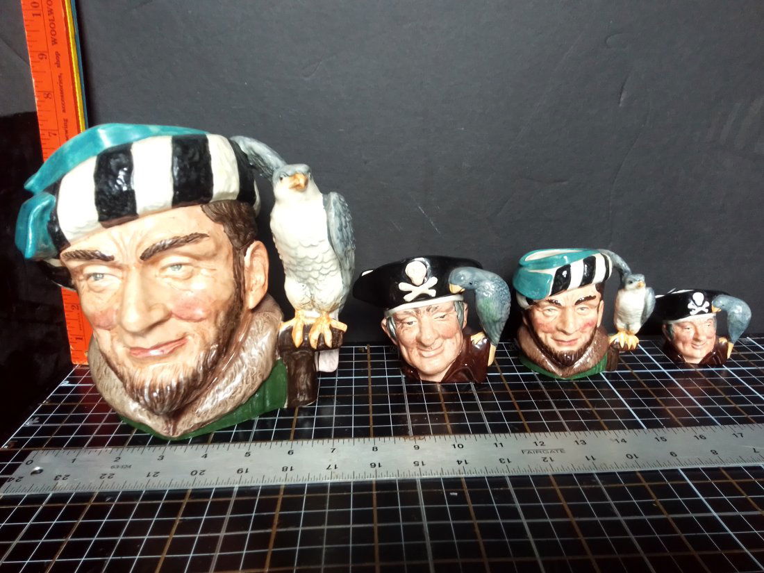 4 Royal Doulton  Toby mugs, pirates 2 Long John Silver, 2 Falconer (1 of 4)