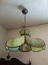 Vintage 24" diameter bent panel crown top green stained glass chandelier