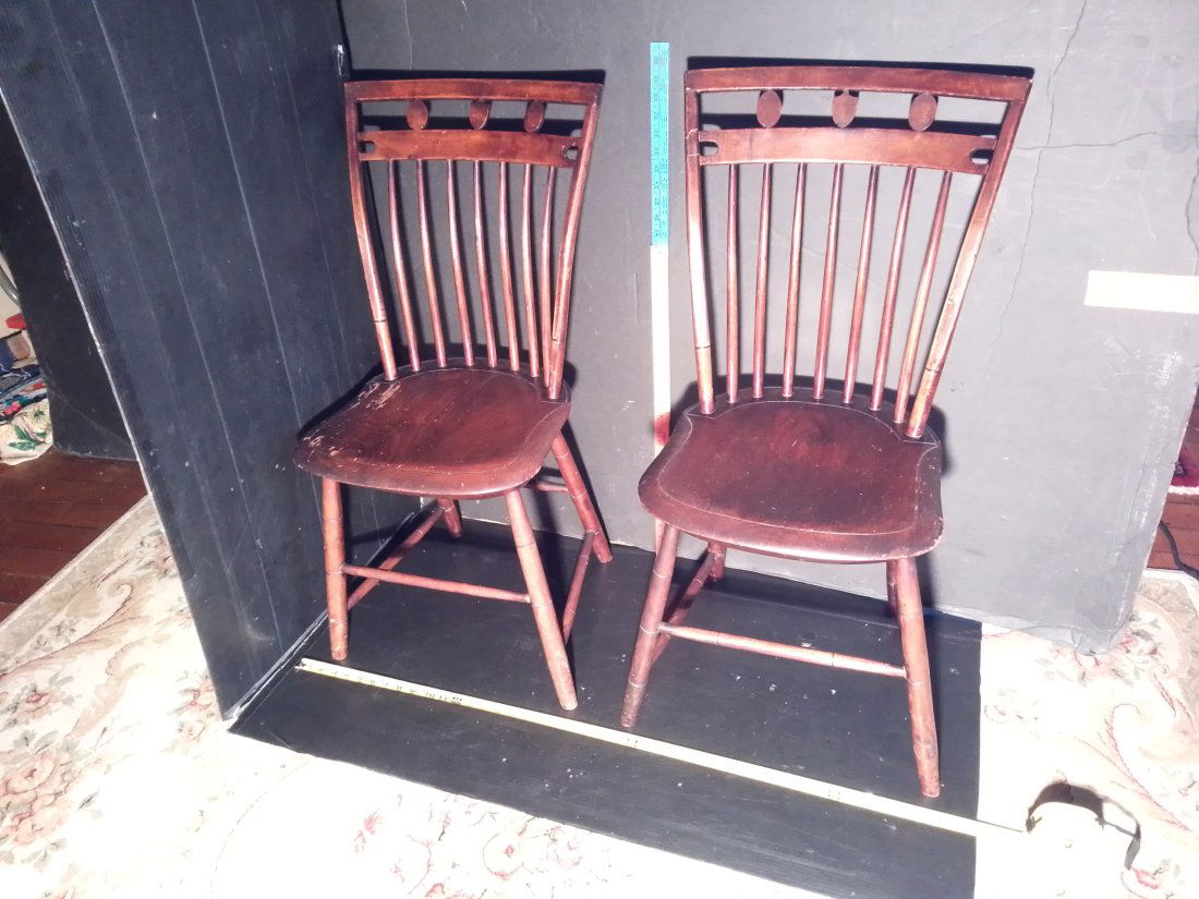 Pair of early side chairs with spindle backs and small shield (1 of 10)