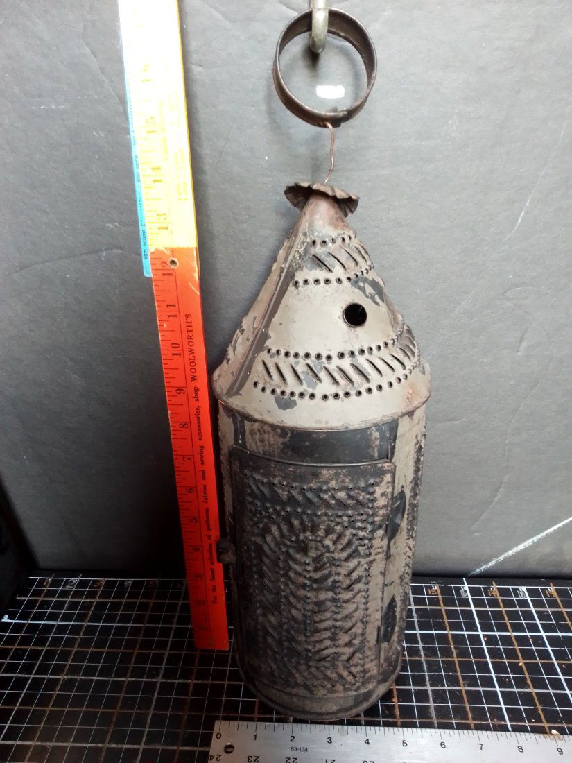 Antique primitive pierced cut tin candle lamp w/ cool vintage candle (1 of 8)