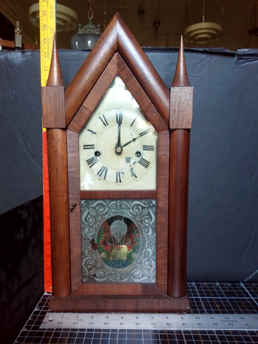 Stunning antique Elisha Manross Gothic steeple clock patriotic balloon scene 30 hour (1 of 18)
