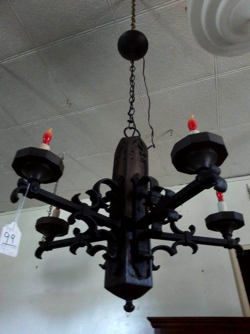 #1 of 2 - 1970's Modern Gothic 5 arm candle chandelier, Iron & wood style Progress lighting (1 of 7)