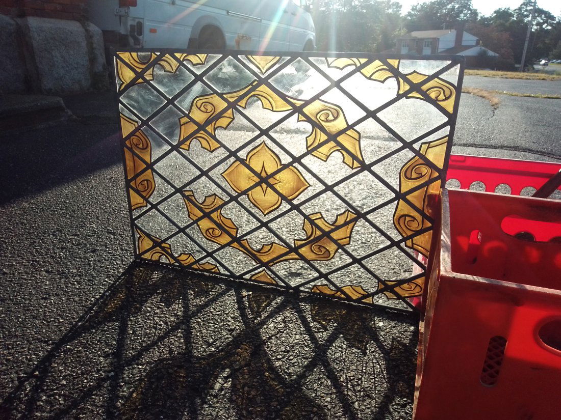 Great Gothic designed painted leaded glass window 28" x 20" (1 of 5)