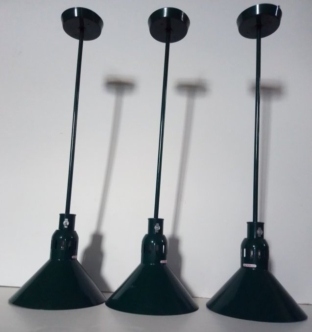 3 modern industrial metal Marco vintage style green food heat lamps: 3 modern industrial Marco vintage style green food heat lamps. Labeled inside the shade Marco model #775-5, with a Max bulb wattage of 250 w.These once hung at the 500 Blake Street restaurant in New H