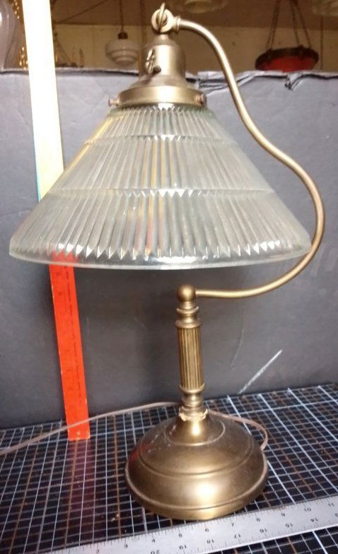 Modern industrial brass table lamp w/ large round ribbed fluted shade (1 of 8)