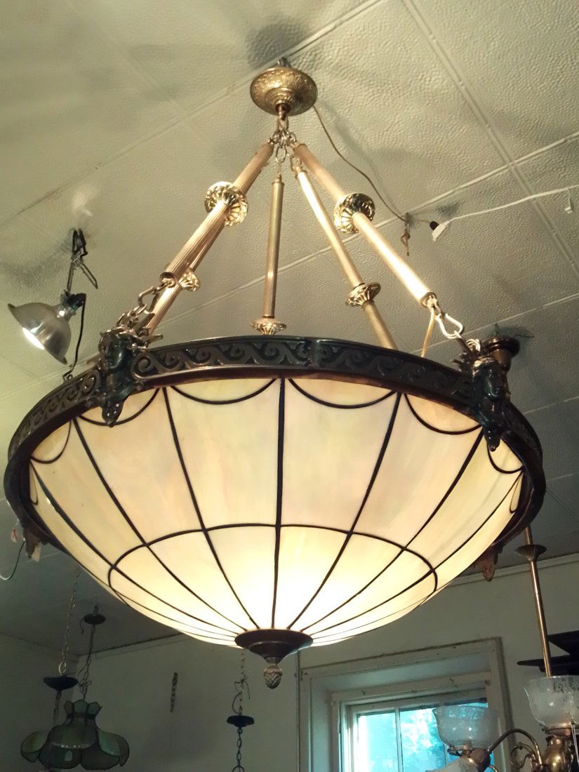 Cast Bronze lady Liberty Ring light bent stained glass dome theater chandelier, industrial size (1 of 10)