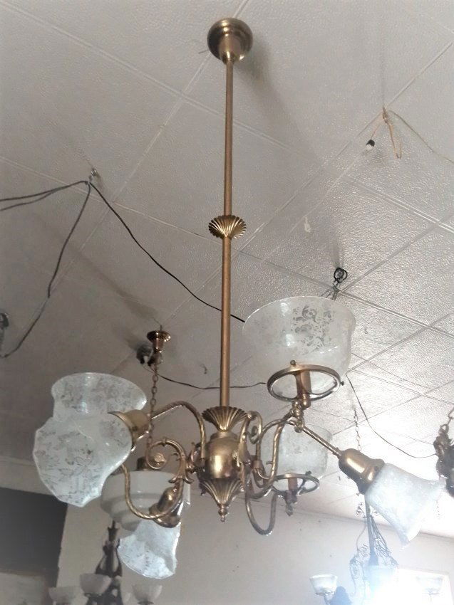 #1 of 3 long vintage reproduction gas and electric six-arm chandelier acid etched shades 53" x 29" (1 of 9)
