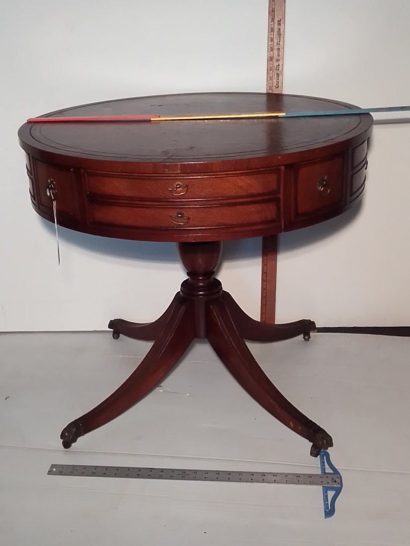 Great antique 32" round tooled leather top 1 drawer, drum, side, center table brass claw feet (1 of 11)