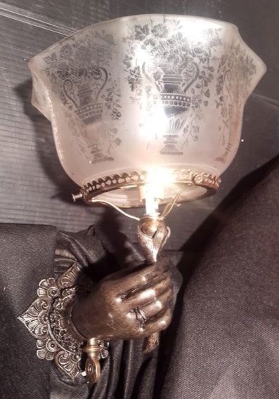 Rare Victorian gas wall sconce, cigar lighter, Lady Hand holding acid etched shade, electrified (1 of 9)