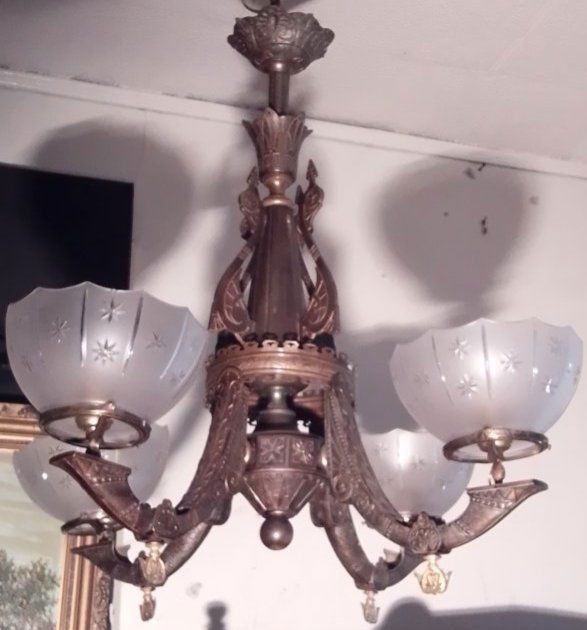 Antique Cornelius & Baker? Victorian Renaissance 4 arm gas chandelier w/ star cut shades electrified (1 of 7)