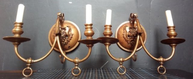 Pair of antique Victorian two arm gas golden wall sconces with winged lion head, electrified (1 of 10)
