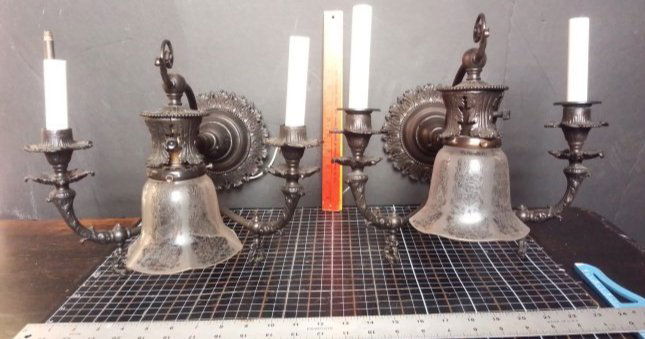 Antique Victorian Renaissance pair pierced bronze 3 arm gas & electric wall sconces Figural shades (1 of 13)