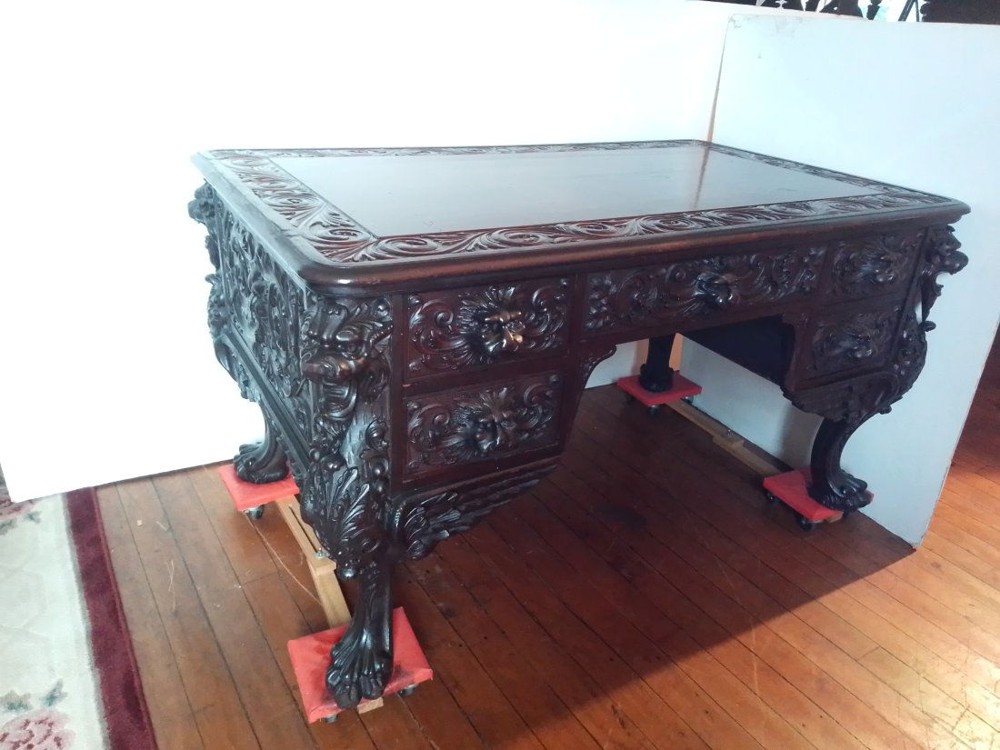 Antique carved mahogany RJ Horner winged Griffin partners desk w/ northwind face side panels (1 of 18)