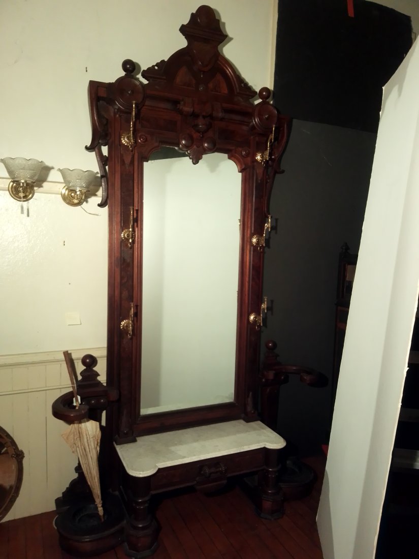 Great Large Victorian Hall Tree / Pier Mirror With Marble Bench, Bronze
