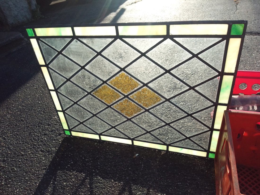 Rectangular leaded stained and painted glass window 31" x 23", old glass new lead (1 of 4)