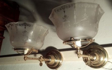 Pair of Antique restored and electrified gas wall sconces floral single etched shades (1 of 4)