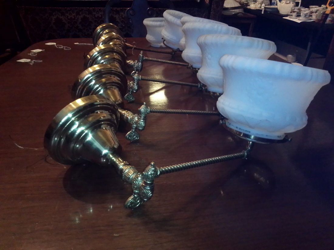 Set of 5 Antique restored and electrified swing arm gas wall sconces white pressed glass shades (1 of 5)