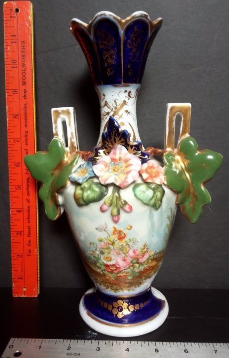 Very early colorful 2 handle Old Paris cabinet vase w/ flowers & leaves (1 of 14)