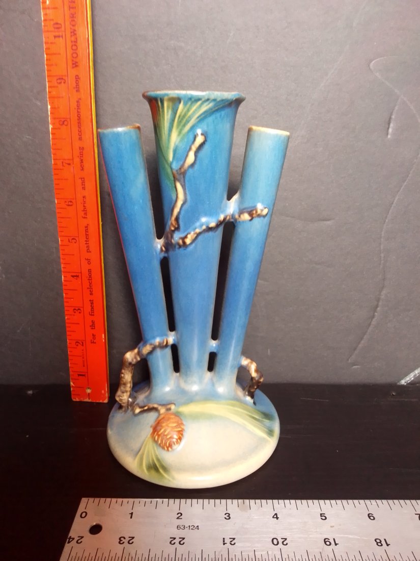 Vintage Blue Roseville triple trumpet pine cone pattern vase (1 of 8)