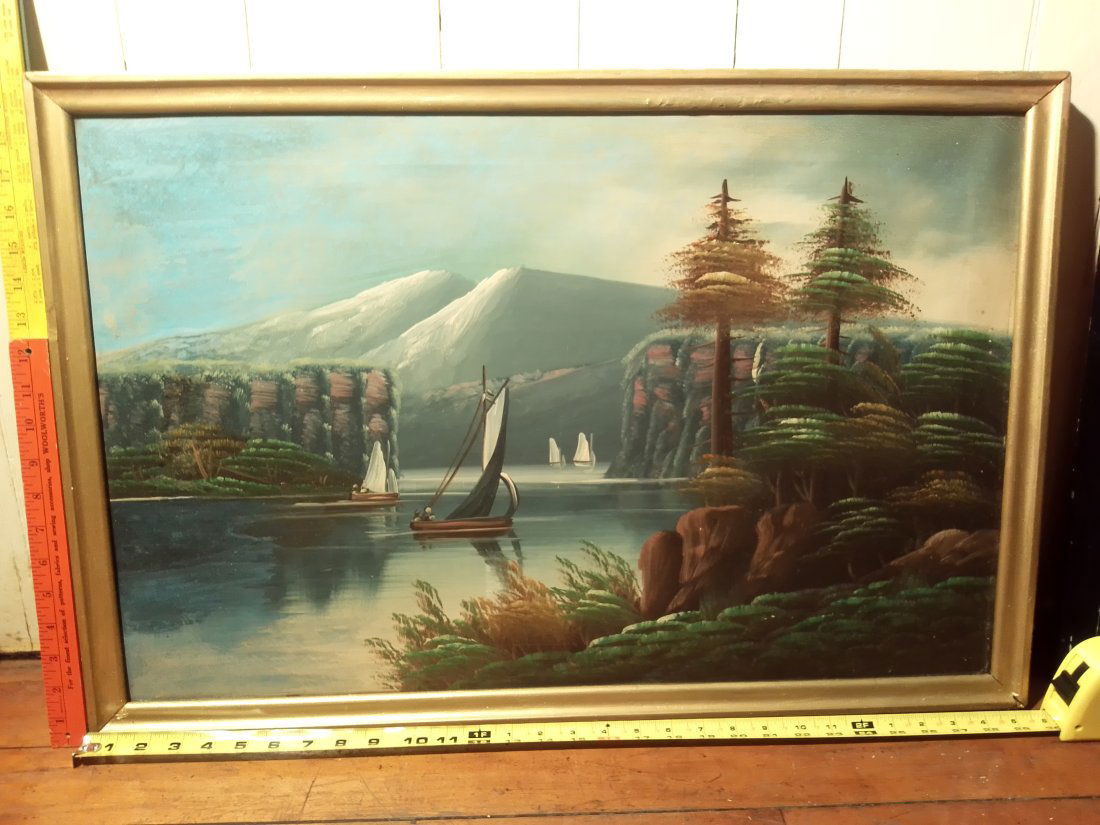 Oil on canvas landscape scene of mountains cliffs and sailboats within the water (1 of 9)