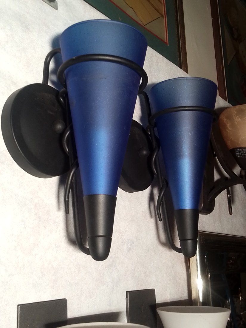 #2 of 7 Pair of mid-century modern twist iron Wall sconces with blue glass shades (1 of 7)