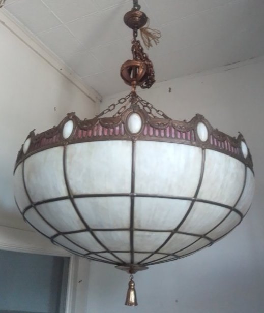#1 of 3 huge antique 41" diameter bent stained glass dome light chandelier turtle back shields (1 of 12)
