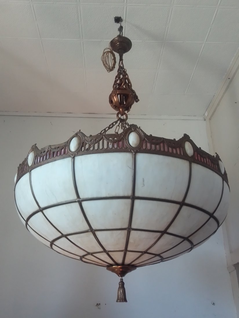 #2 of 3 huge antique 41" diameter bent stained glass dome light chandelier turtle back shields (1 of 13)