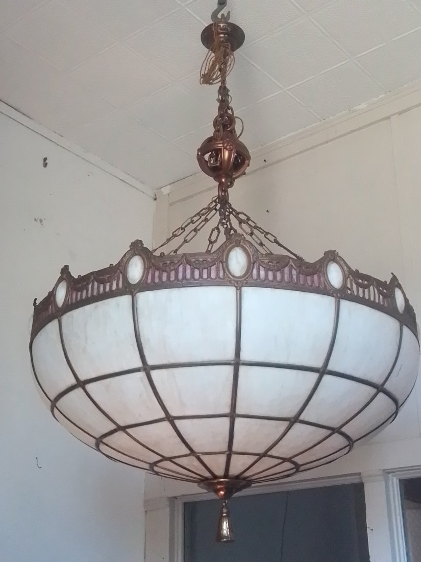 #3 of 3 huge antique 41" diameter bent stained glass dome light chandelier turtle back shields (1 of 9)