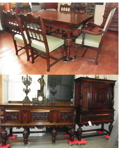 NINE PC SIMMONS HUNTLEY WALNTUT DINING SET 1501: Nine piece walnut dining set by Simmons Huntly Furniture includes 6 chairs, table with pull out side leafs, buffet, and tall hutch. Dimensions: Hutch-62.5"H Server- 69"W Age: C. 1930 Material: Walnut
