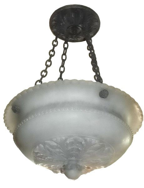 DECORATIVE CARVED ALABASTER HANGING DOME 4662: Thick decorative carved alabaster hanging dome light in acanthus leaf motif.. Has minor crack and burn damage. Dimensions: 29"h x 20"Diameter Age: C. 1920 Material: Alabaster