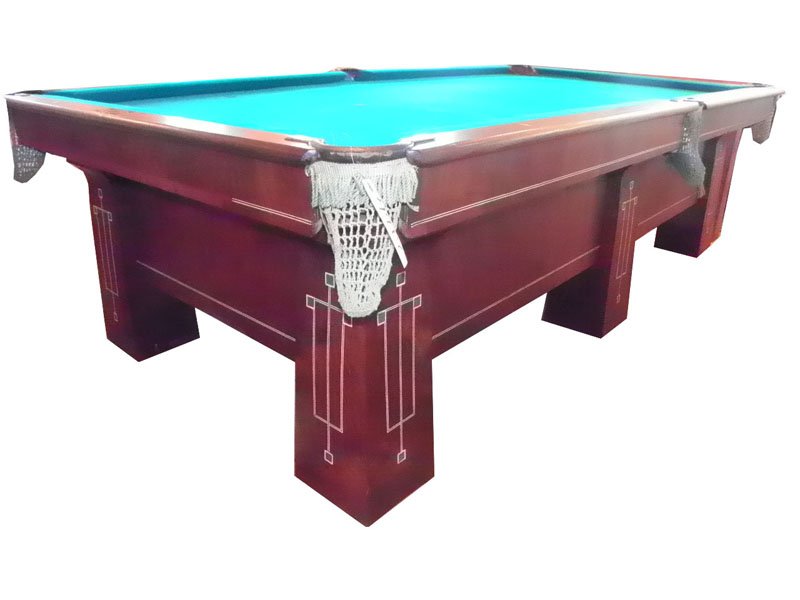 W.P. ALEXANDER ARTS AND CRAFTS POOL TABLE 4717: Remarkable inlaid Arts and Crafts pool table that has plaque labeled "W.P. Alexander Worcester, MA. With geometrically crafted accents. Please note that the veneer on a couple legs is missing so the l