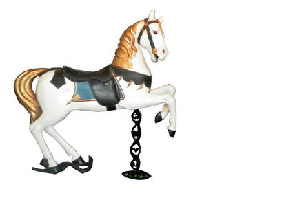 SGND GUSTOV BAYOL FRENCH CAROUSEL HORSE 1515: Signed French original carousel horse by Gustov Bayol with original leather seat, glass eyes, and wrought iron base. Dimensions: 59"H x 57"W Age: C. 1880 Material: Wood, Iron, leather and glass