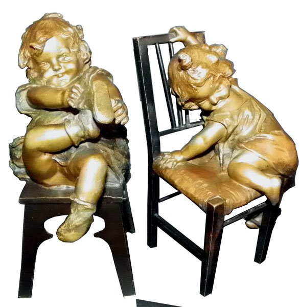SET OF 2 BZ BABIES CRAWLING ON CHAIRS: SIGNED 4693: Adorable set of two bronze statues of babies crawling on chairs. Artist Signed Juan Clara Dimensions: 10”H x 4.25”W x 6”D Age: C. 1900 Material: Bronze