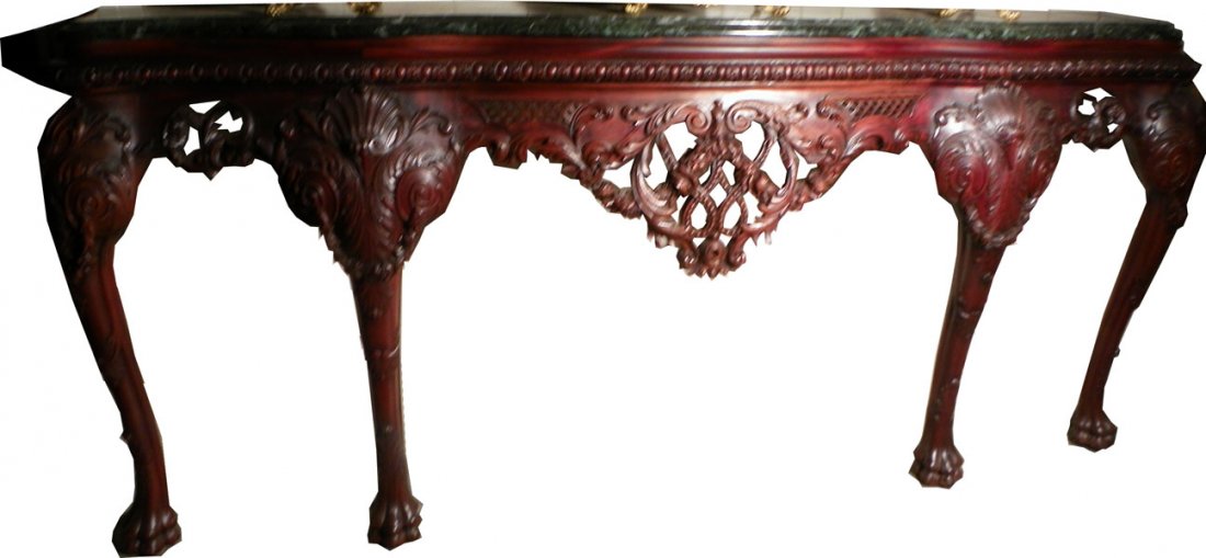 XTRA LARGE CARVED MAHONGANY M/T CONSOLE TABLE 1510: Wonderful Victorian carved mahogany large green marble top console table with the finest carving throughout with lattice work and paw feet. Circa 1880 Dimensions: 90" long x 16" depth and 39 1/2" high
