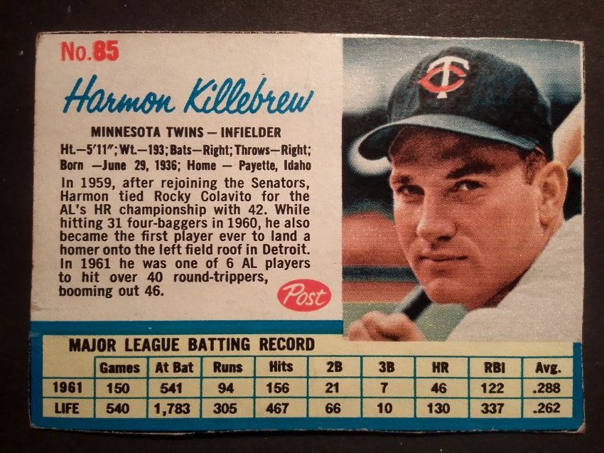 1962 Post Cereal #85 Harmon Killebrew, Hall of Fame, Hand cut Vintage baseball card (1 of 2)