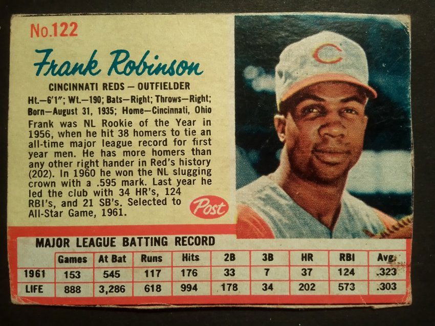 1962 Post Cereal #122 Frank Robinson, Hall of Fame, Hand cut Vintage baseball card (1 of 2)
