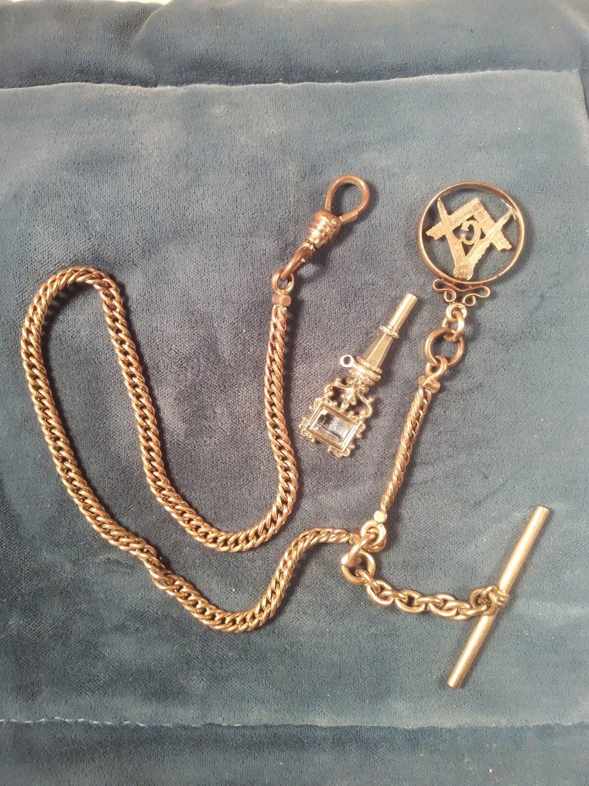 Antique gold Masonic watch fob chain and clear jeweled key for fusee movement DCP & Co (1 of 13)