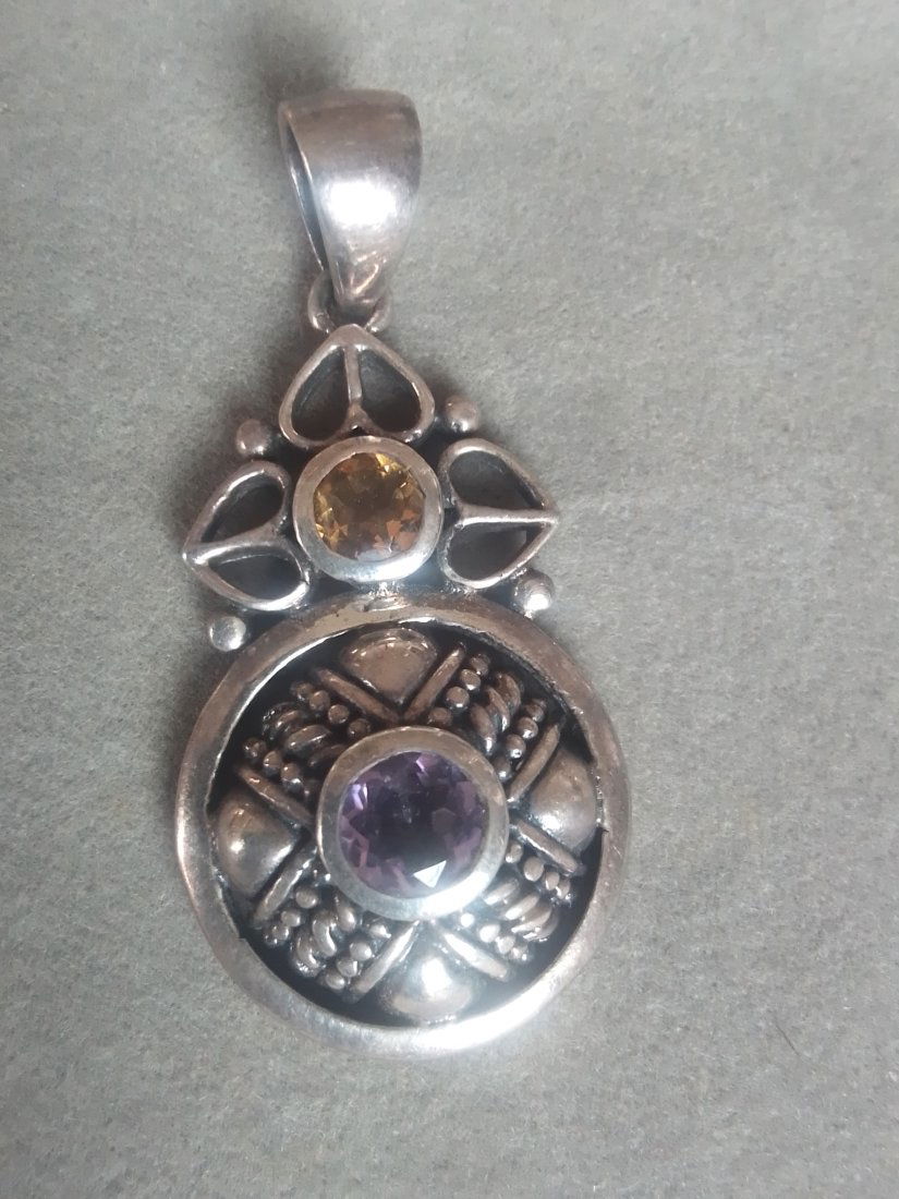 Vintage 925 Sterling pendulum pendant Amber & purple stones 1 3/4" x 3" Dia. .25 troy ounces (1 of 5)