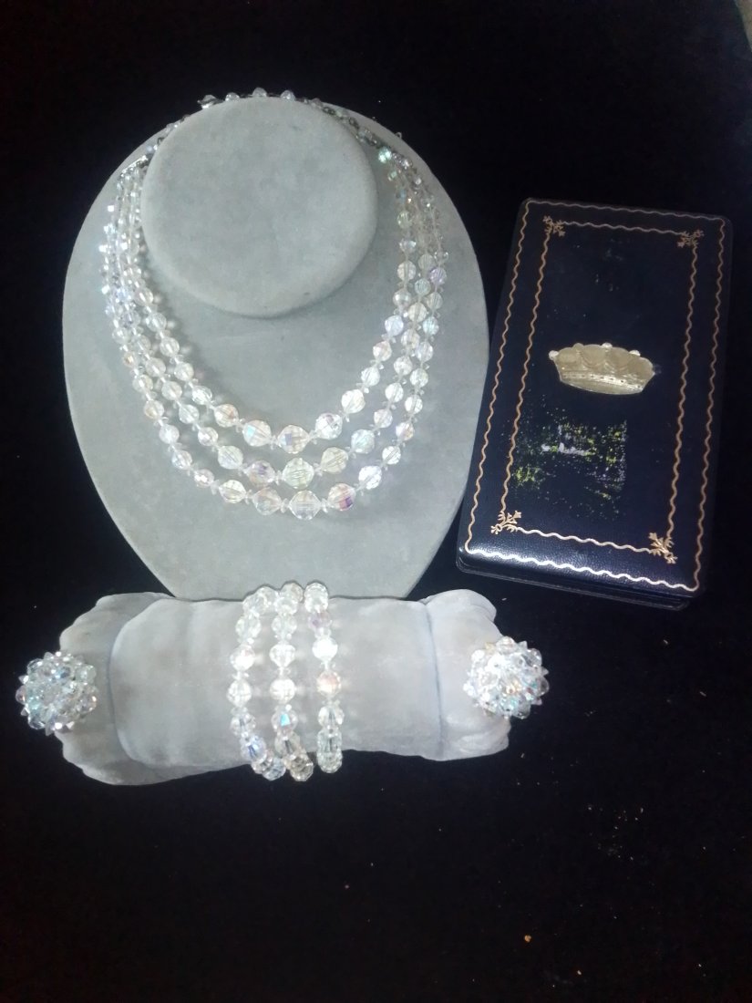 Vintage Laguna Aurora Borealis crystal triple strand necklace, bracelet & earrings set in box (1 of 14)