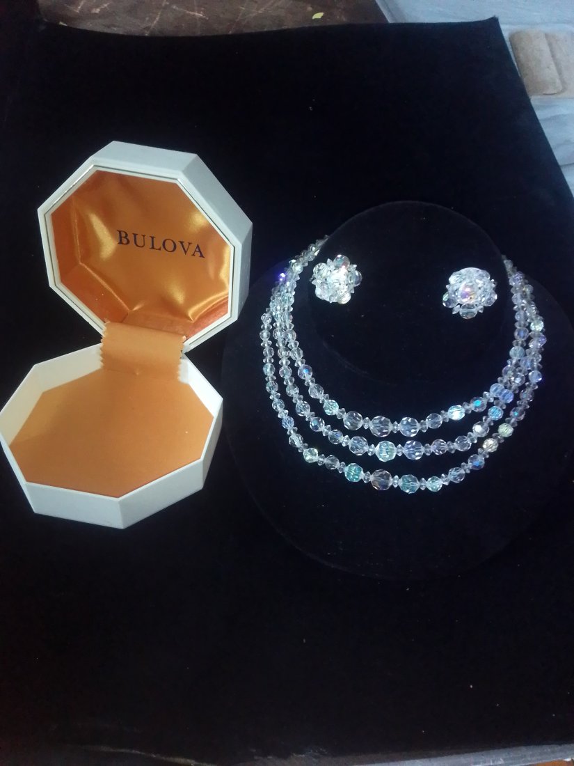 Vintage iridescent Crystal graduated triple strand necklace & earrings set in Bulova watch box (1 of 7)