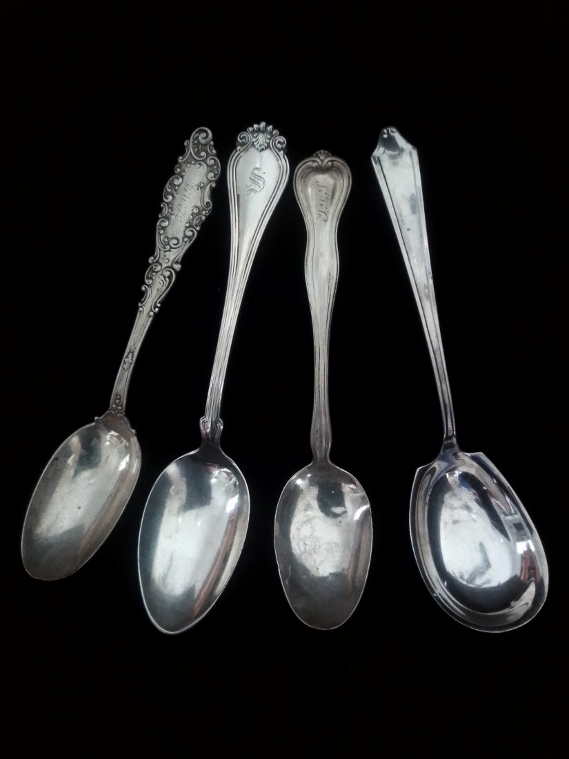 Four (4) Sterling spoons, Gorham, International & 2 unknown Hallmarks,  2.99 troy  ounces (1 of 16)