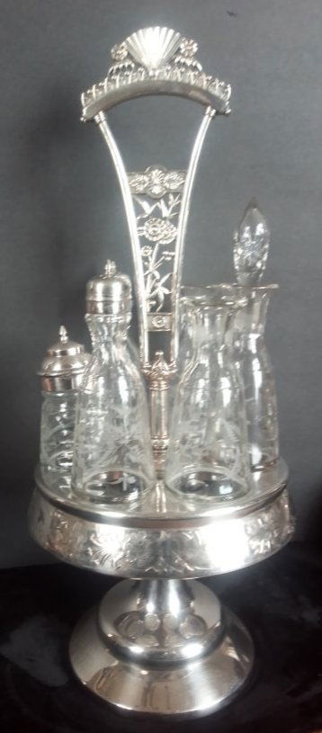 Victorian Aesthetic Eastlake 6 bottle cruet set, revolving lazy Susan center, silver plate / plated (1 of 18)