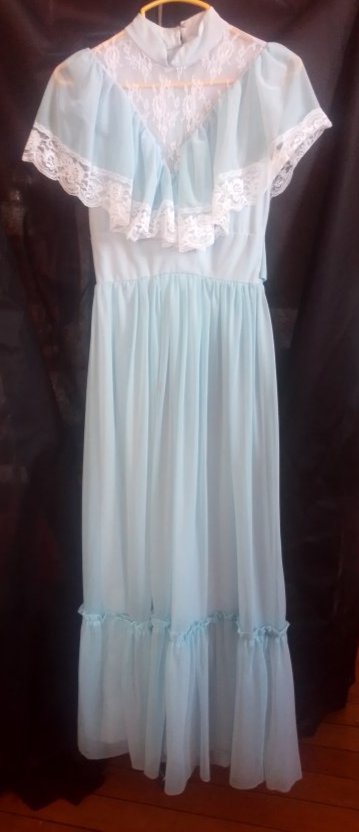 Vintage baby blue and white lace sleeveless prairie style dress, see through silk skirt No label.: Vintage baby blue and white lace sleeveless prairie style dress, see through silk skirt No label. Not exactly sure how to describe this stress but it reminds me of one which you would see on Little Ho