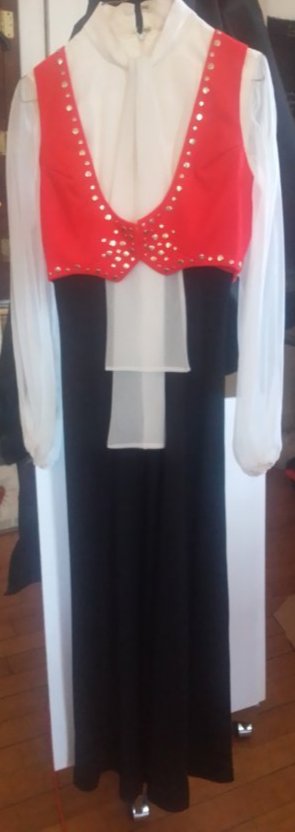 Vintage unique black white & red long sleeve dress, removable studded vest, scarf, No label. (1 of 19)