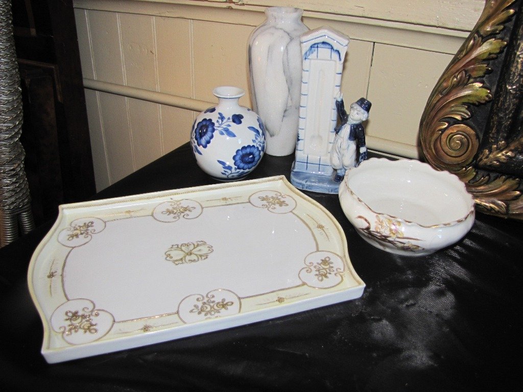 5 PC INCLUDES NIPPON LIMOGE DELFT MARBLE VASE 131C: Five piece antique original lot includes signed Nippon tray, Signed Limoge bowl, two blue Delft pieces, one a round short bud vase with flowers, the other is to hold a thermometer with side Belgium bo