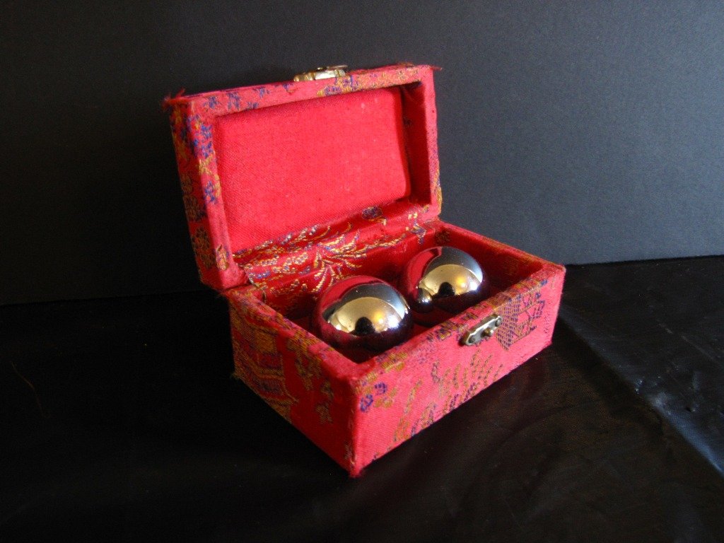 DRAGON EYES BOXED SILVER BIN WAH BALLS 89T: Dragon Eyes boxed set of silver Bin Wah balls in red sild embroidered case with clasp and maker tag. 1.25"Dia each. Box: 2.25"H x 4.25"L x 2.5"D.