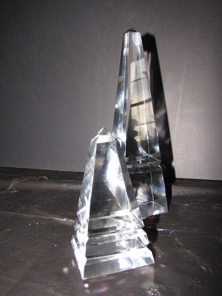 TWO FANTASTIC CUT CRYSTAL OBELISKS HIGH QUALITY 99T: Two different fantastic high quality crystal obelisks cut details bring out rainbow effect of crystal. C.1930. Crystal.. Lg: 10"H x 2 5/8" Sw Sm: 5"H x 2 5/8"Sq