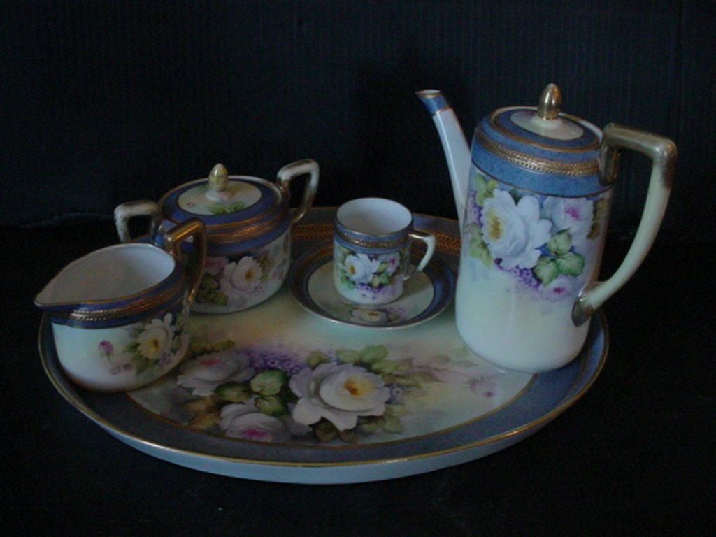 6 PC NORITAKE / NIPPON DEMITASSE TEA SET 4900: Lovely six piece floral painted Nippon and Noritake Demitasse mini tea set with covered surar, creamer, tea pot, cup with saucer and tray, all matching design but signed differently, some Nippon, some